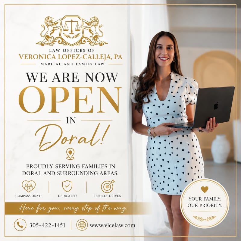 Veronica Lopez-Calleja, CEO & Founding Attorney, standing beside the firm logo at the Doral office opening.